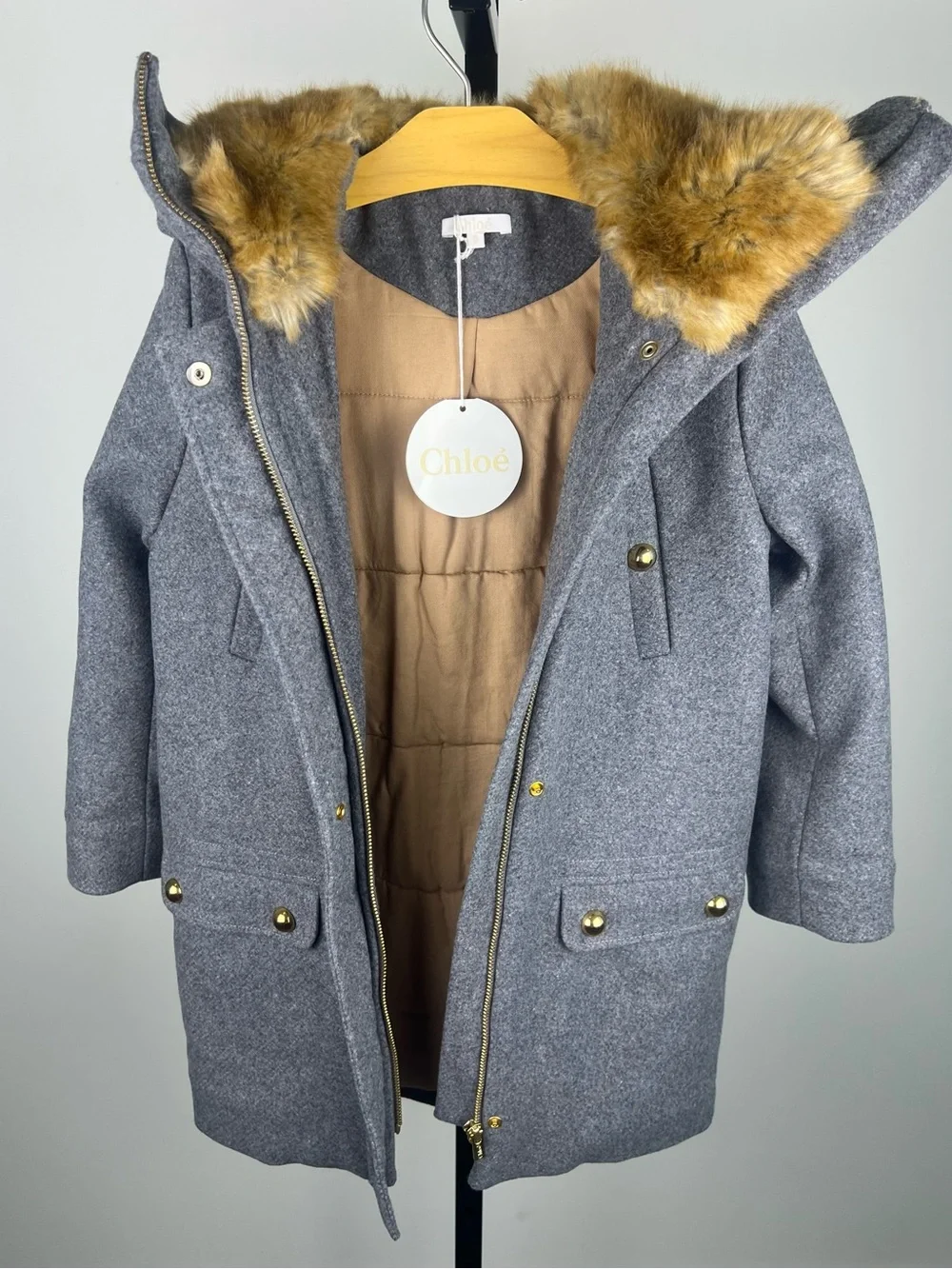 Chloé Girls Wool Fur Hooded Coat/Jacket, Gray, Size 8